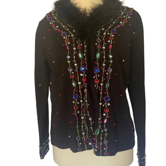 Jack B Quick vintage embellished button down black cardigan w/  faux fur collar - Picture 2 of 12